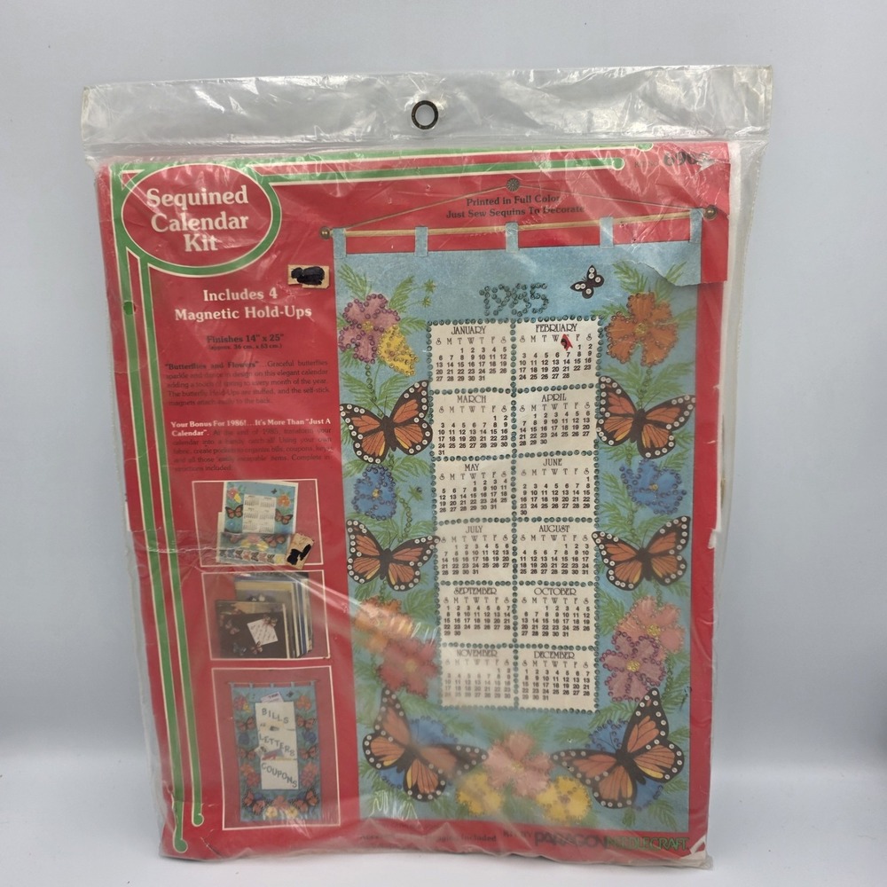 Paragon Needlecraft 1985 Sequined Calendar Kit Buterflies & Flowers‎ Vintage